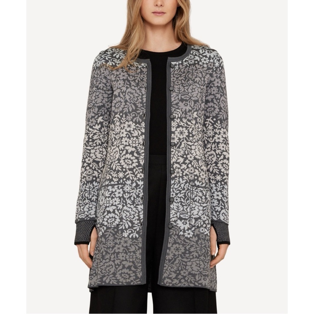 Oleana Flowerlace Long Grey Floral Wool Silk Cardigan